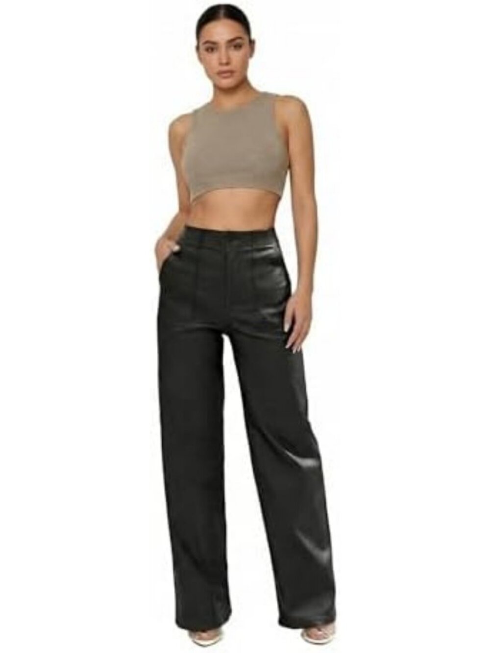 Trendy High Waisted Faux Leather Pants for Women | Coated PU Straight Leg Black - Picture 6 of 6